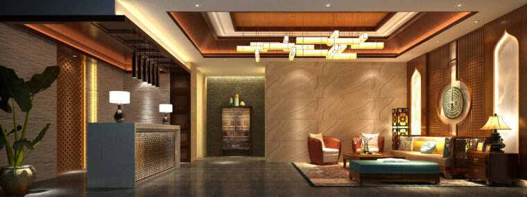 lobby room no people gold coloured walls couple of chairs