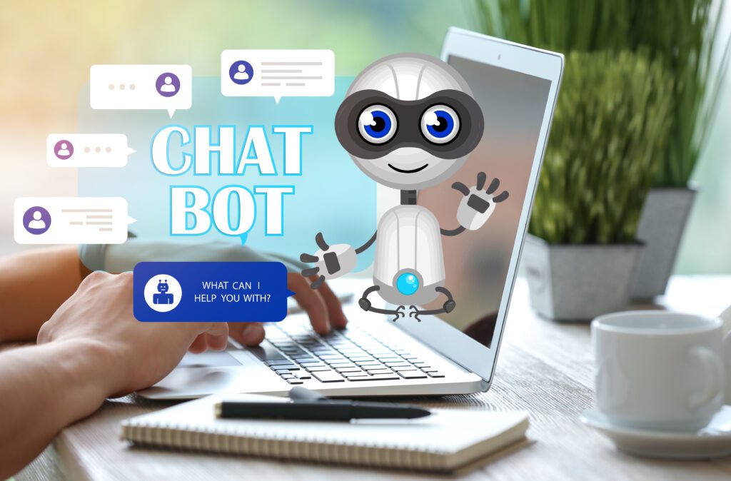 open laptop with bot in office graphic robot in front of laptop