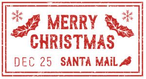 Merry Christmas post mark, isolated Santa mail stamp. Vector grunge postage sign with birds and mistletoe