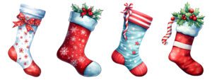 one stocking white re heel and toe red stars red bow around the top one stocking red with white stars blue toe and top holly on top another blue white star red heel and toe read and white striped top with bow one red stoking white band round middle and top with holly berries on top
