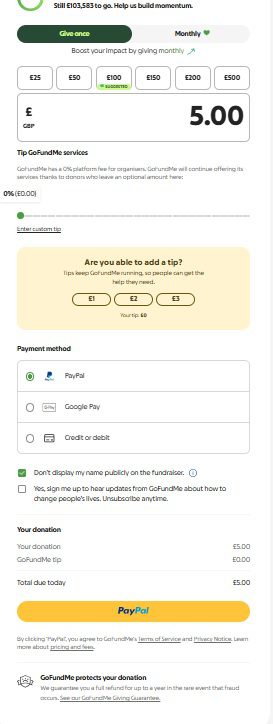 screenshot of go fund me page showing £5 donatio