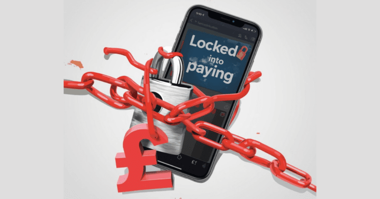 Black phone with "locked into paying" in white on the phone face. Bright red chain around the phone holding a white padlcok and a red pound sign at the bottom of the chain