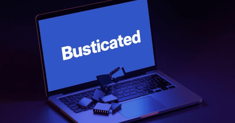 Lap top on back background broken keys on top blue screen the word busticated written in whiite