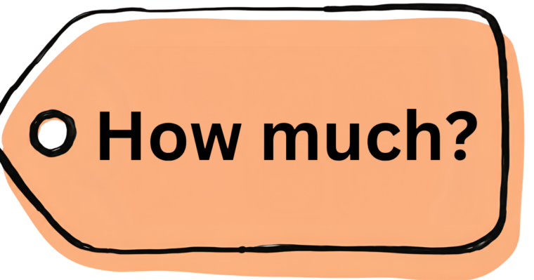Orange label graphic with the words how much? written in black