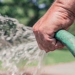 hand holding a green hose with water spraying out