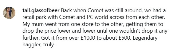 FB comment about wining at haggling
