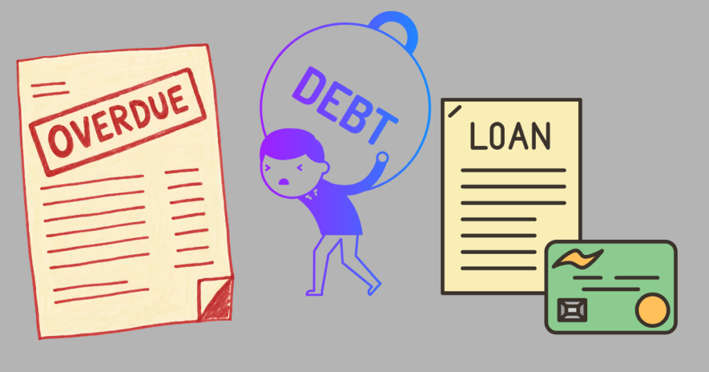 3 graphics, cream coloured rectangle with word overdue and red lines, blue person holding round eight with the word debt and yellow with loan and likes and green credit card shape