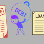 3 graphics, cream coloured rectangle with word overdue and red lines, blue person holding round eight with the word debt and yellow with loan and likes and green credit card shape