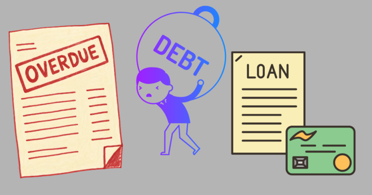 3 graphics, cream coloured rectangle with word overdue and red lines, blue person holding round eight with the word debt and yellow with loan and likes and green credit card shape